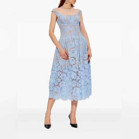 NWT- Self-Portrait Blue Midi Dress in Floral Lace - Picture 6 of 17